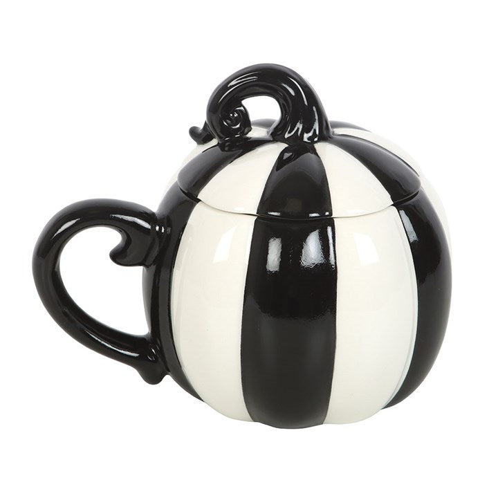 Black and White Striped Pumpkin Lidded Ceramic Mug