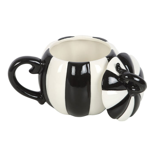 Black and White Striped Pumpkin Lidded Ceramic Mug