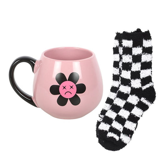 Black & Pink Sad Flower Mug and Socks Set