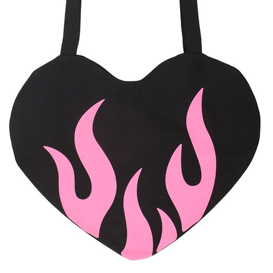 Black with Pink Flame Heart Shaped Tote Bag