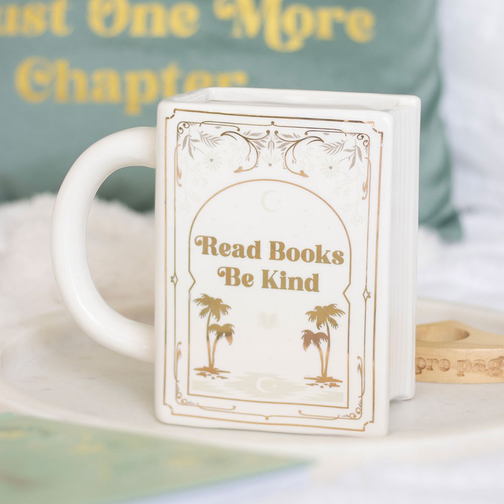 Read Books Be Kind White Ceramic Book Shaped Mug