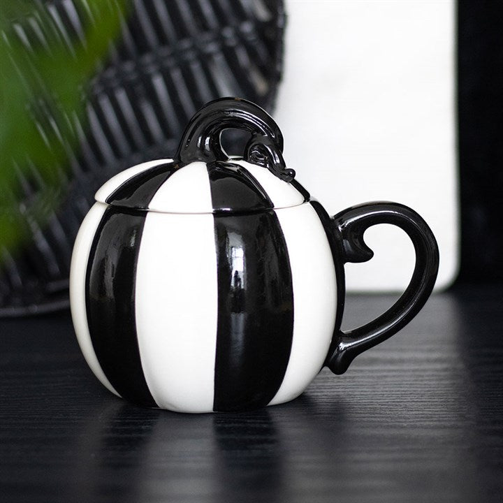 Black and White Striped Pumpkin Lidded Ceramic Mug