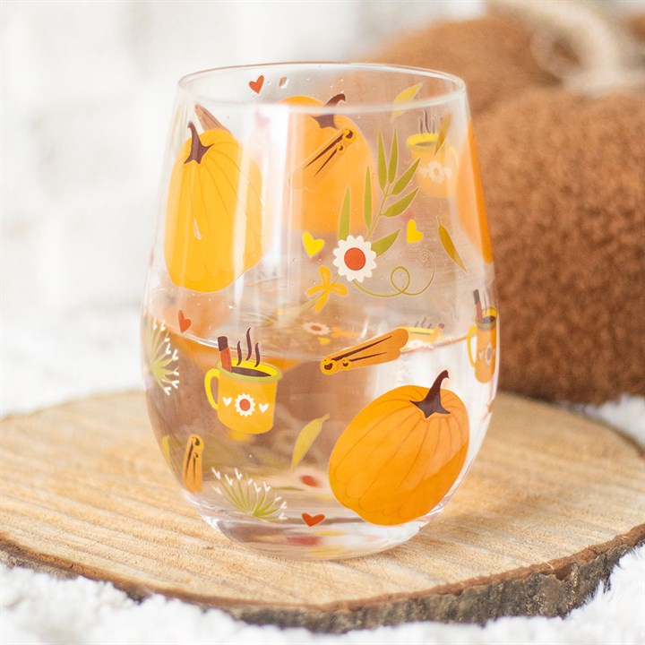 Autumn Days Pumpkin Print Stemless Glass Tumbler