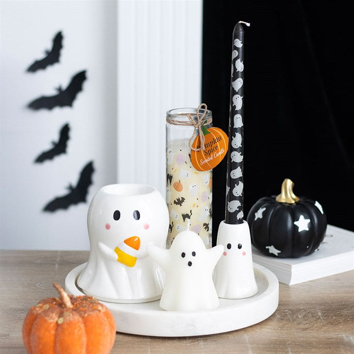 Ghost Candle Holder and Ghost Print Taper Candle Set
