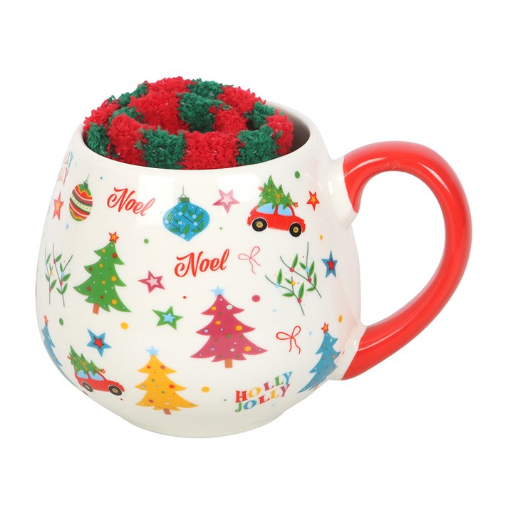 Nostalgic Christmas Print Ceramic Mug and Socks Set