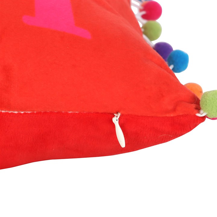 Red Christmas Holly Jolly Cushion with Pom Poms