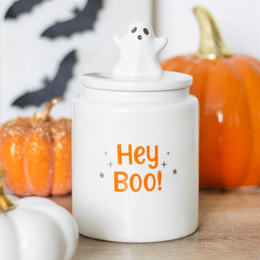 White & Orange Hey Boo Ghost Ceramic Storage Jar
