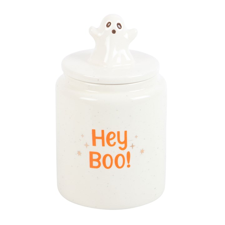 White & Orange Hey Boo Ghost Ceramic Storage Jar