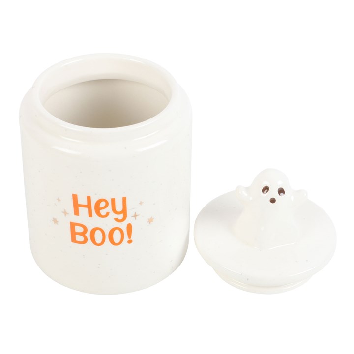 White & Orange Hey Boo Ghost Ceramic Storage Jar