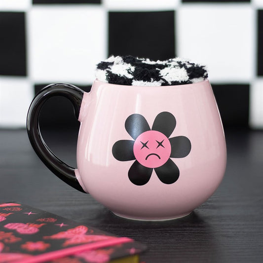 Black & Pink Sad Flower Mug and Socks Set
