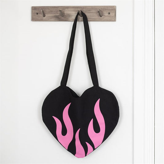 Black with Pink Flame Heart Shaped Tote Bag