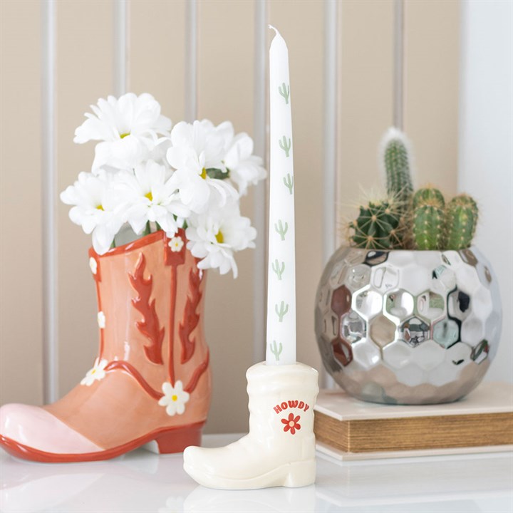 White Cowboy Boot Candle Holder and Cactus Print Taper Candle Set