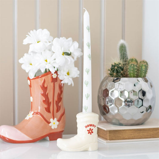 White Cowboy Boot Candle Holder and Cactus Print Taper Candle Set