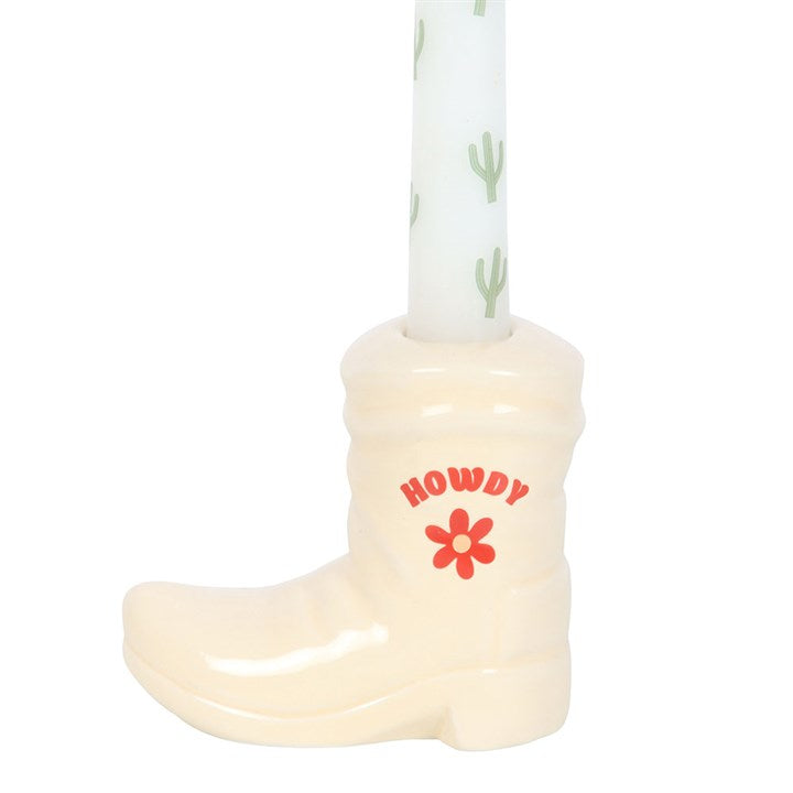 White Cowboy Boot Candle Holder and Cactus Print Taper Candle Set