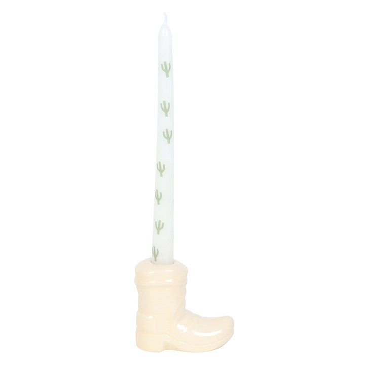 White Cowboy Boot Candle Holder and Cactus Print Taper Candle Set