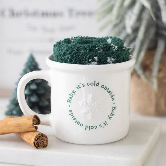 White Baby It's Cold Outside Ceramic Mug & Green Fluffy Socks Set