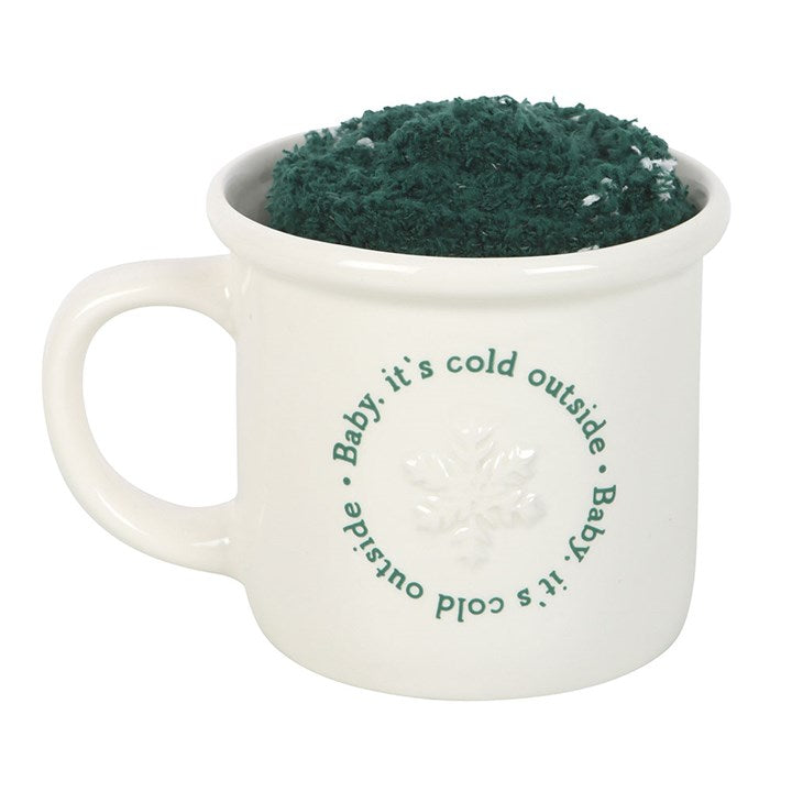 White Baby It's Cold Outside Ceramic Mug & Green Fluffy Socks Set
