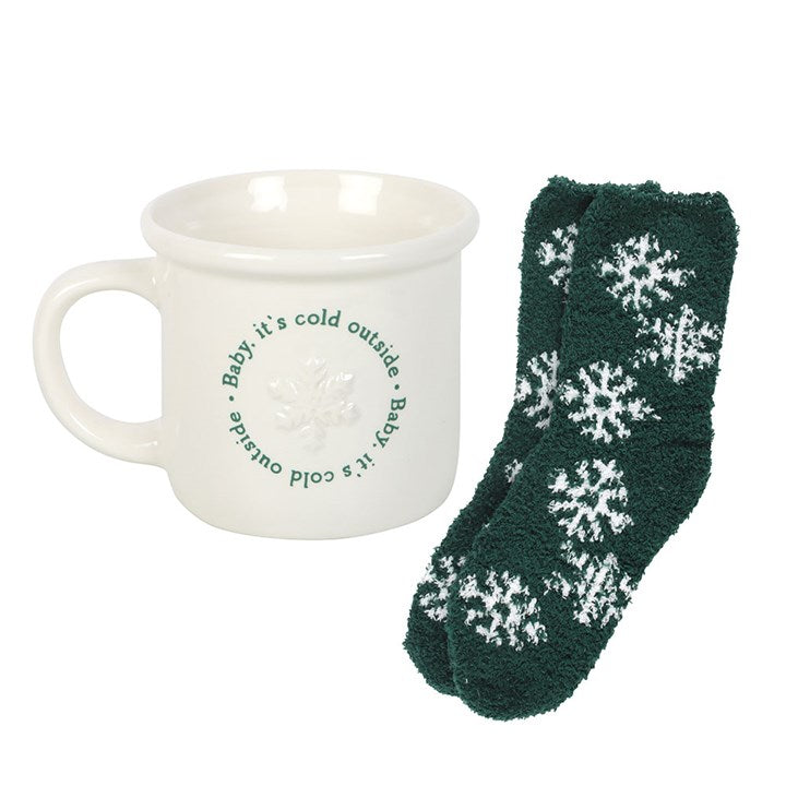 White Baby It's Cold Outside Ceramic Mug & Green Fluffy Socks Set