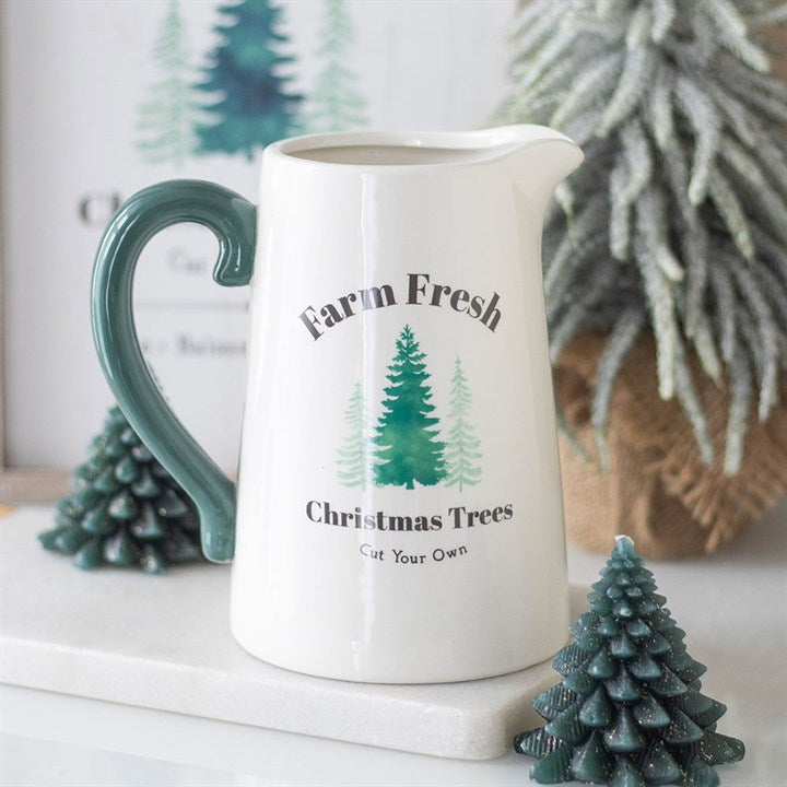 White & Green Farm Fresh Christmas Trees Ceramic Flower Jug
