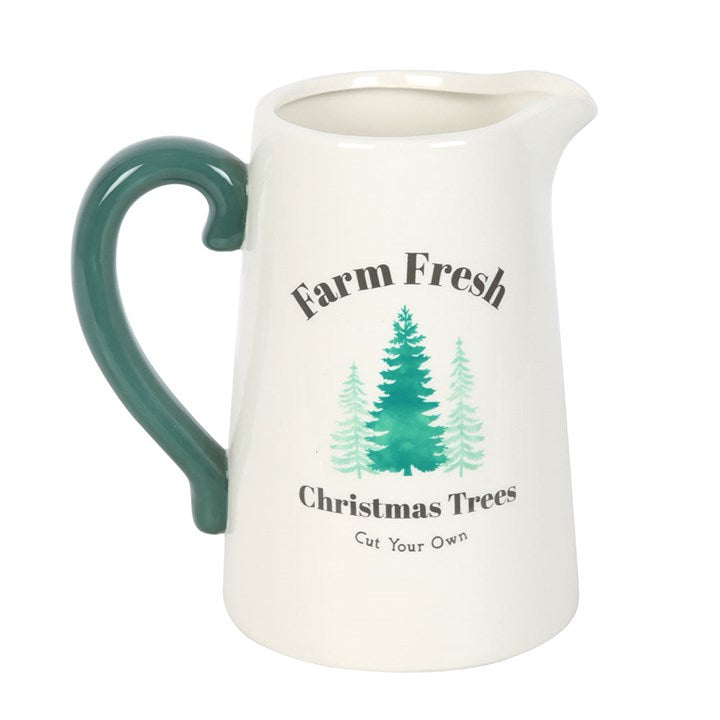 White & Green Farm Fresh Christmas Trees Ceramic Flower Jug
