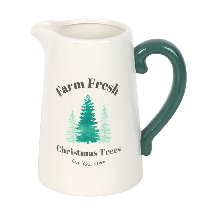 White & Green Farm Fresh Christmas Trees Ceramic Flower Jug