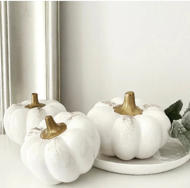 CLEARANCE Small White and Gold Ceramic Pumpkin Ornament Décor Display